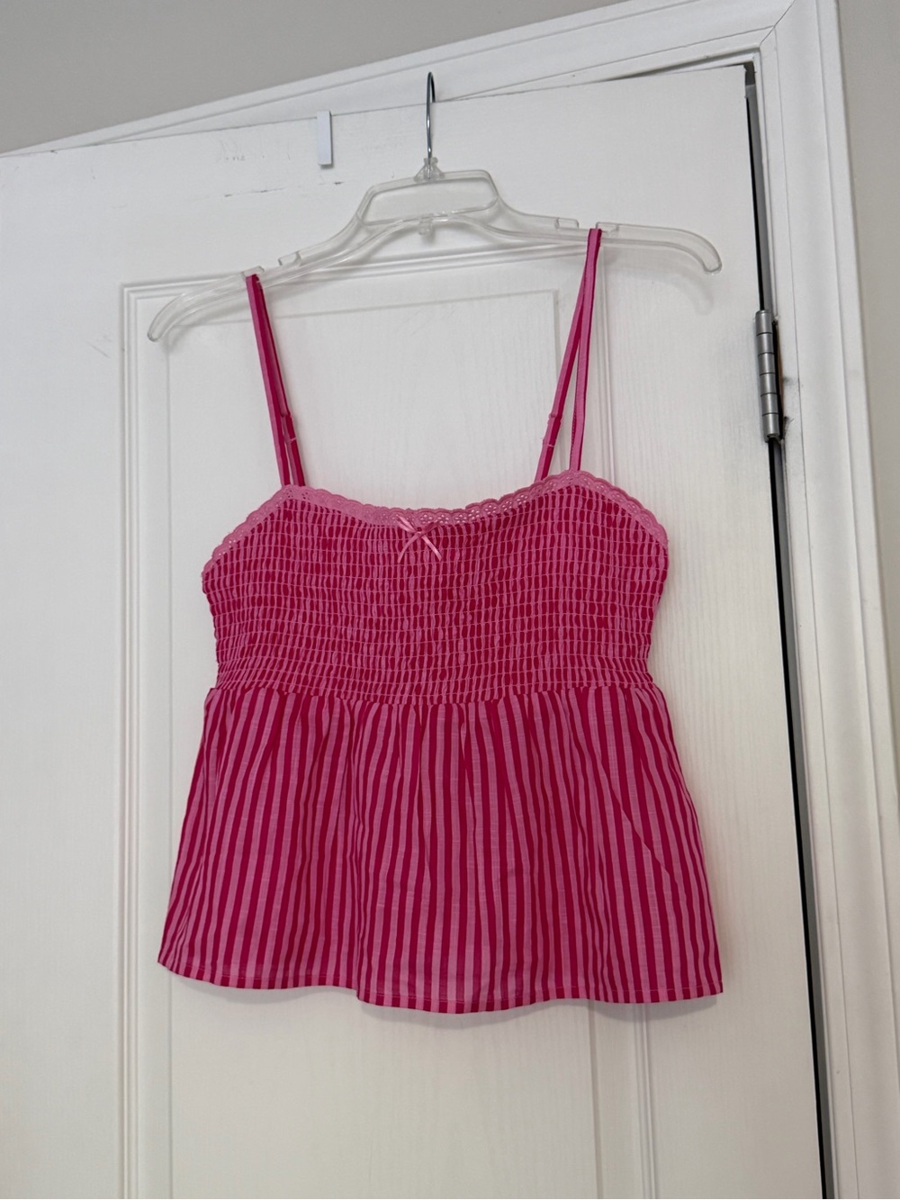 NWT Pink striped babydoll tank top with lace and bow detail, Size S